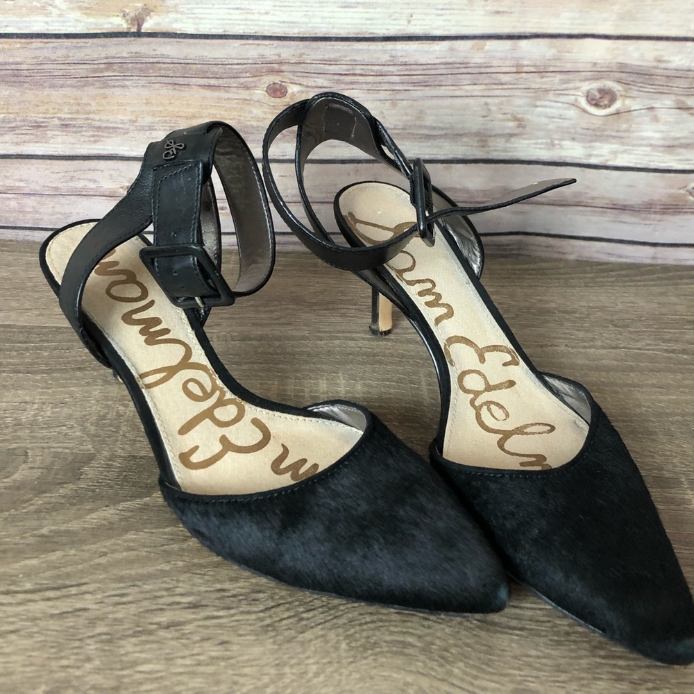 Sam Edelman black fur heels with straps. Size 6.5